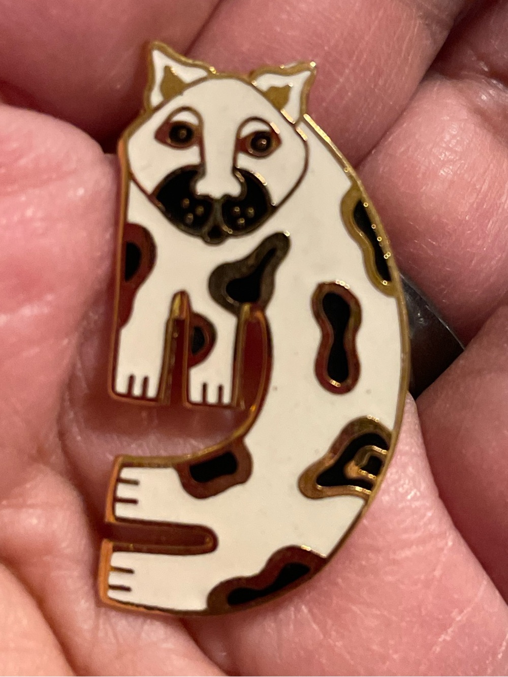Vintage Laurel Burch White and Black Spotted Cat Enamel Brooch